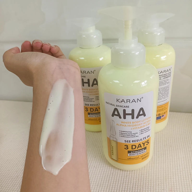 SkinSwaag Beauty LANSYADE AHA Vitamin C & E Whitening Body Lotion — AHA + vitamin C + vitamin E — bottle back view on white background