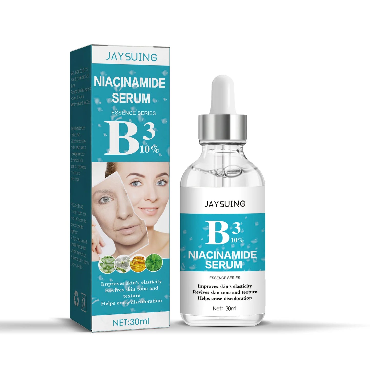JAYSUING Nicotinamide Anti Wrinkle Serum — Nicotinamide & Collagen — White and blue dropper bottle with matching box on white background