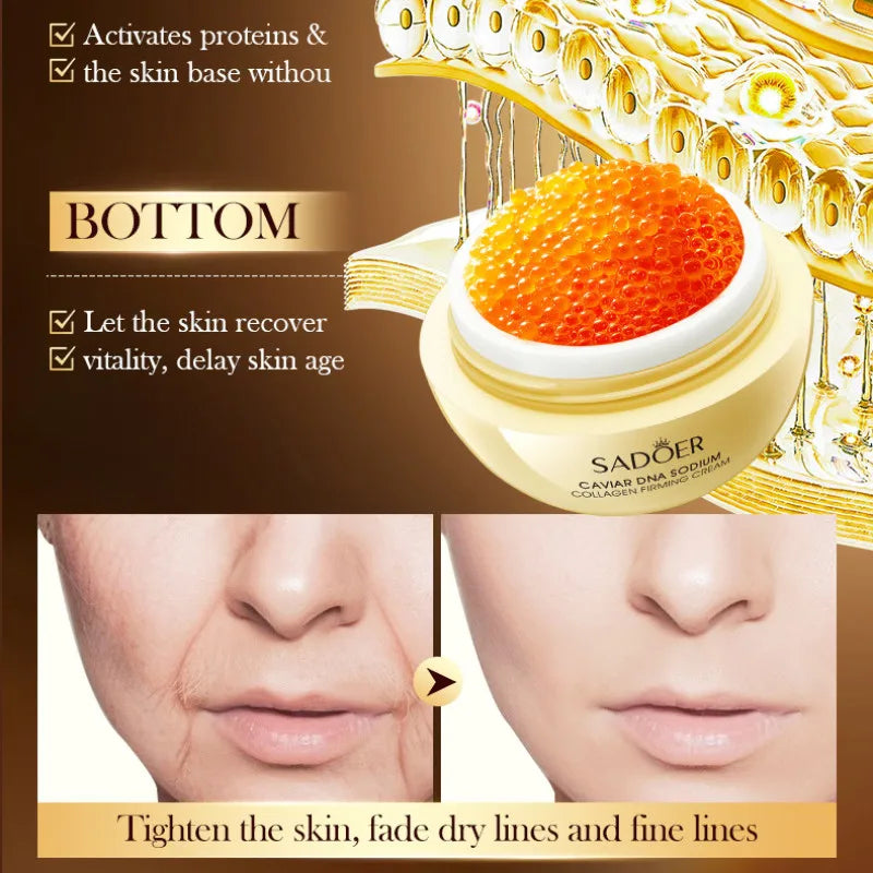 Firming moisturising cream jar with caviar DNA and collagen complex, showing rich texture.
