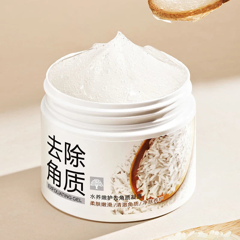 White rice exfoliating facial scrub gel and cream jar for moisturizing and brightening skin.