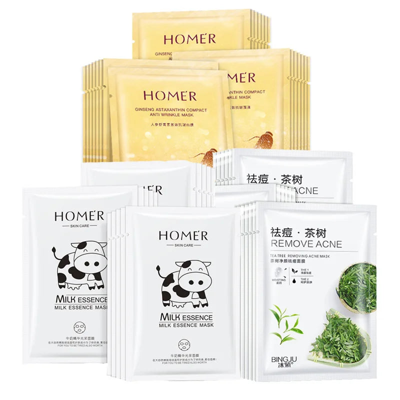 Sheet masks with aloe vera, seaweed, and green tea extracts for hydrating and brightening facial care.