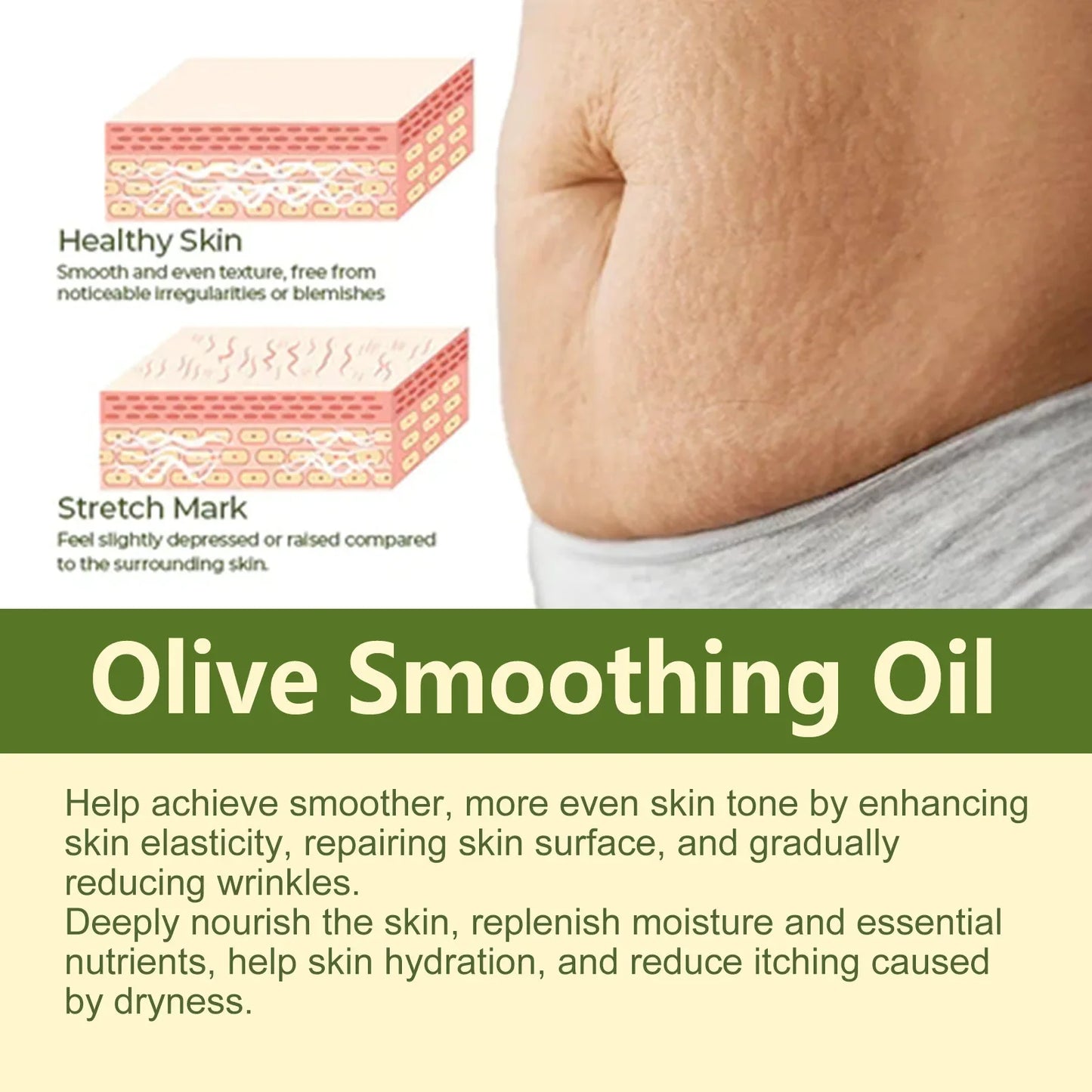 Amber glass bottle of stretch mark removal oil with olive essential oil for postpartum skin care