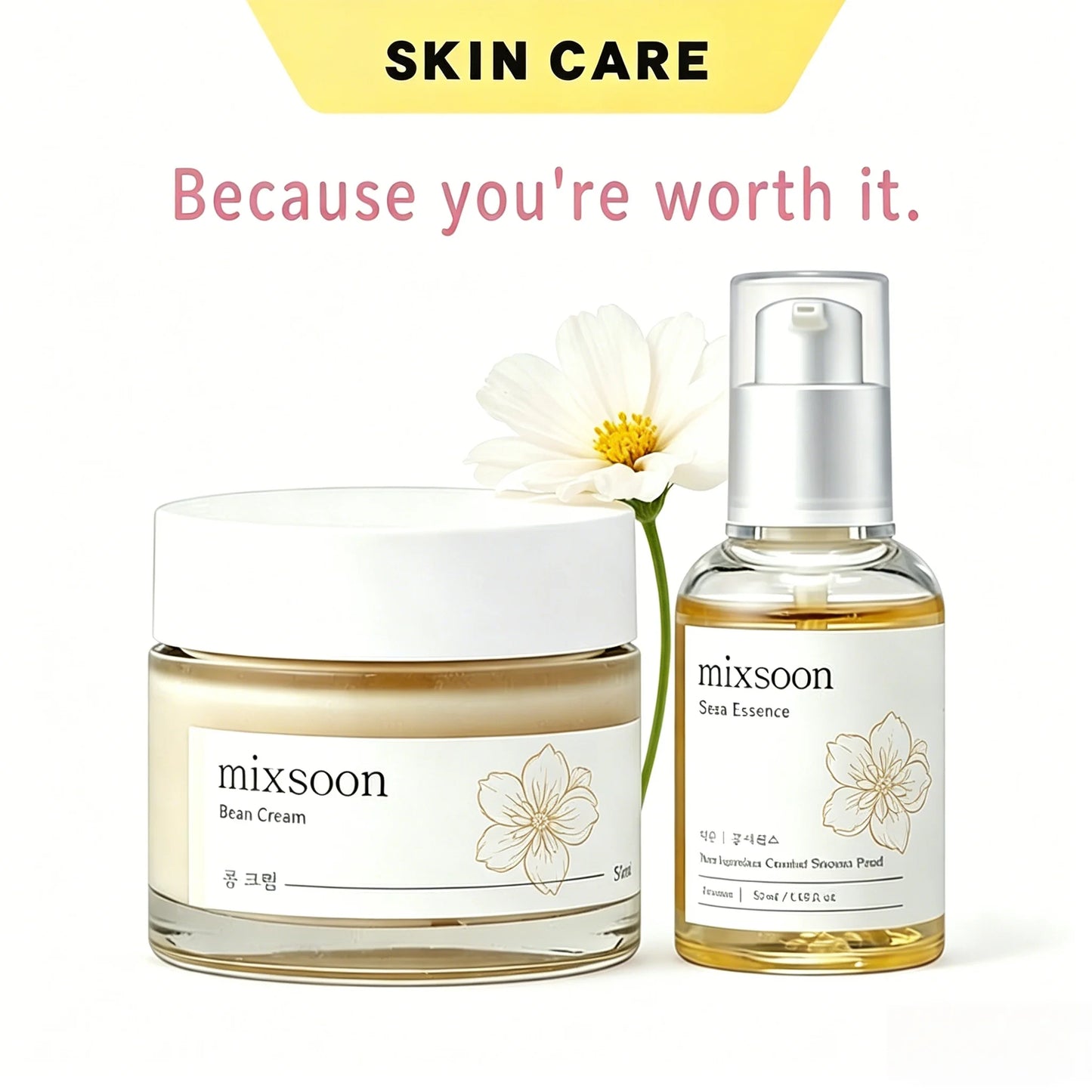 Bean cream and serum skincare duo bottles