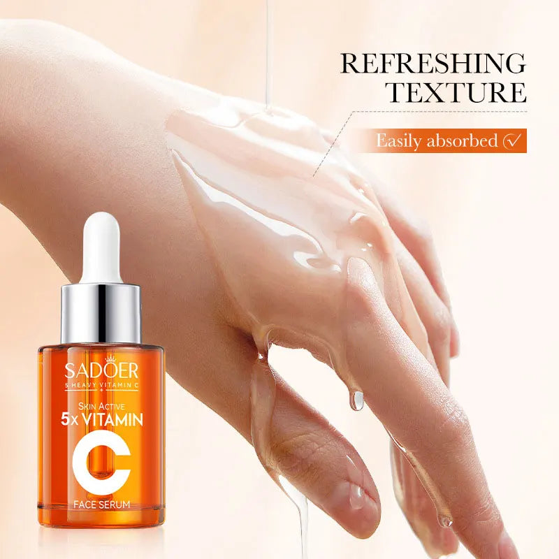 Vitamin C facial serum bottle with hydrating and brightening formula for pore-refining and repairing skin care.
