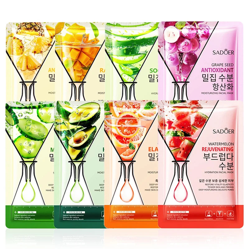 Set of 8 fruit extract facial sheet masks for moisturizing, brightening and firming skin