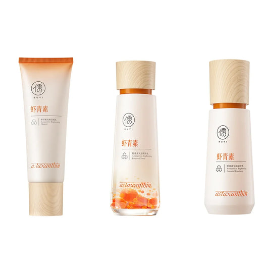 RUYI Astaxanthin cleanser, toner and emulsion, three products on a white background.