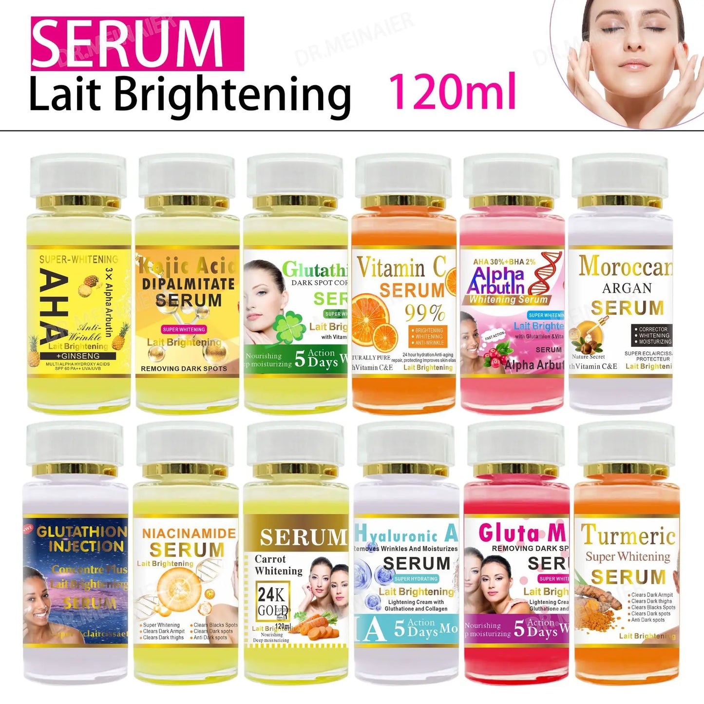 Dark spot correcting serum bottle with vitamin C, kojic acid, and glutathione for brighter skin.