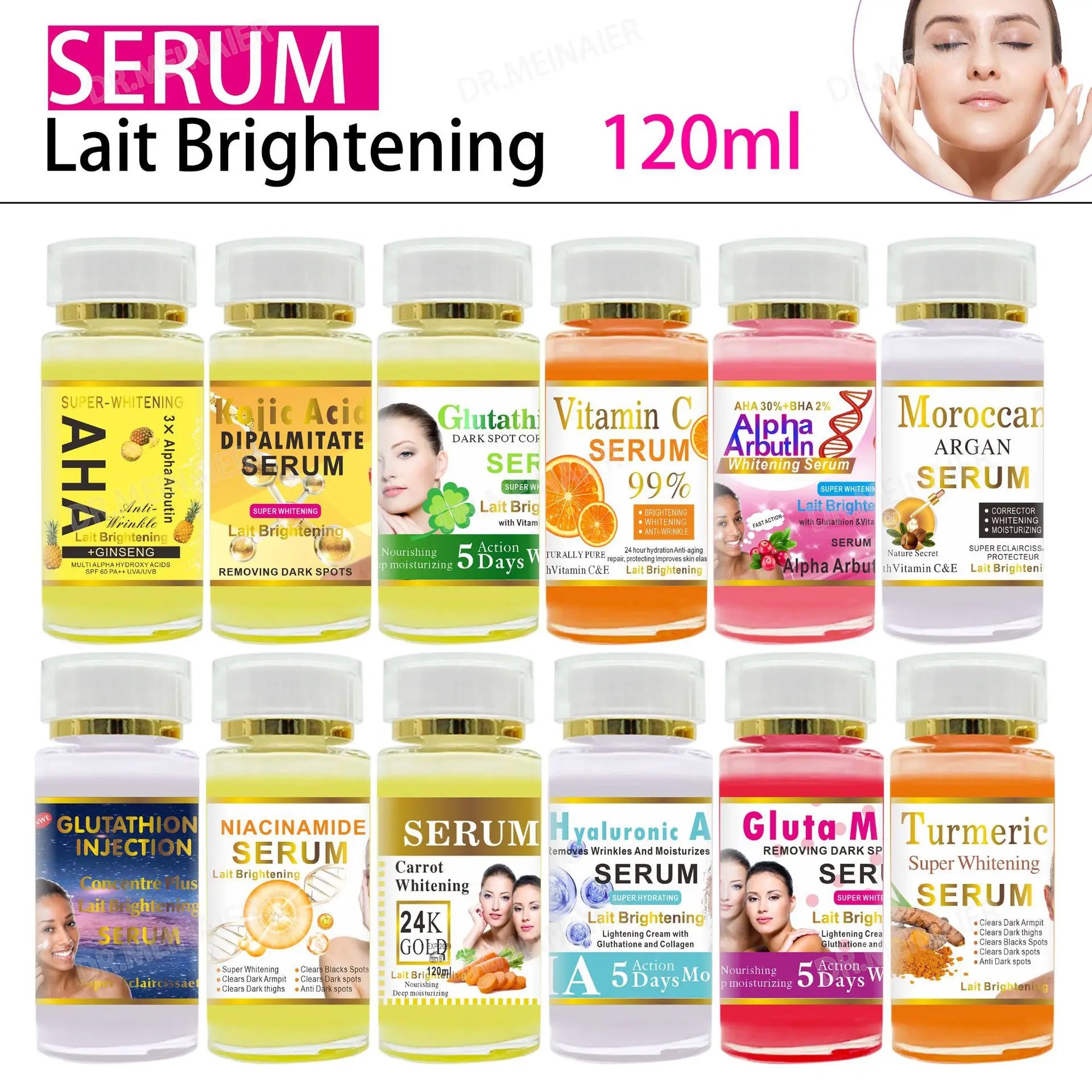 Dark spot correcting serum bottle with vitamin C, kojic acid, and glutathione for brighter skin.
