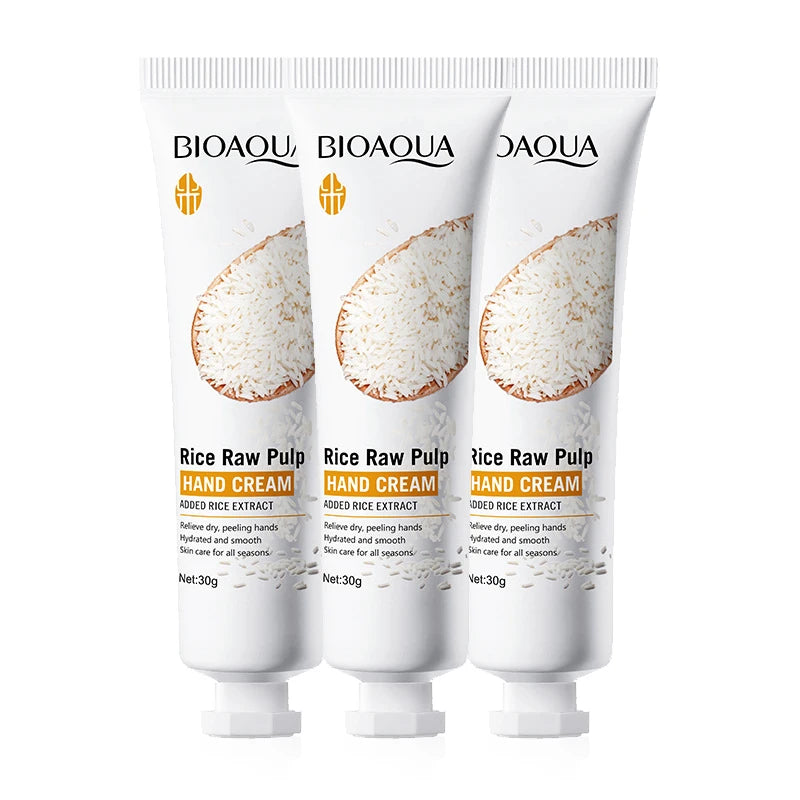 White rice hand cream tube for moisturizing and anti-aging hand care