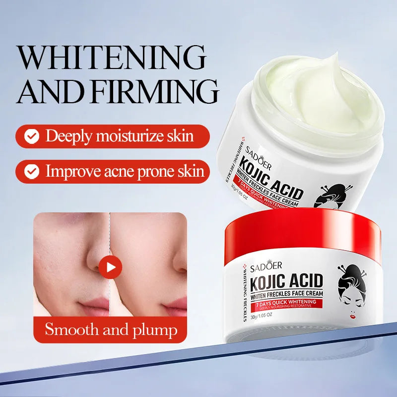 Kojic acid face cream and eye cream travel set of small tubes and jars on neutral background