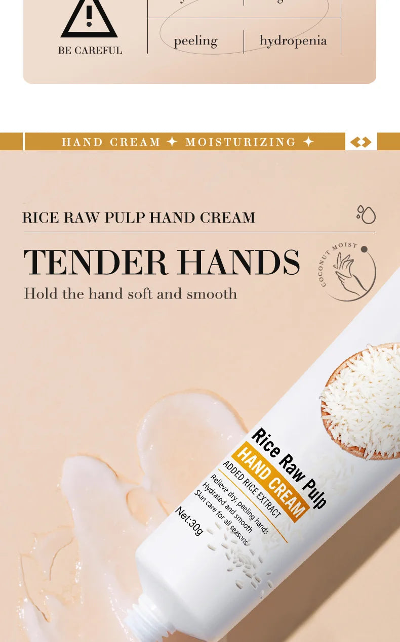 White rice hand cream tube for whitening, moisturizing, nourishing, and anti-aging hand care.