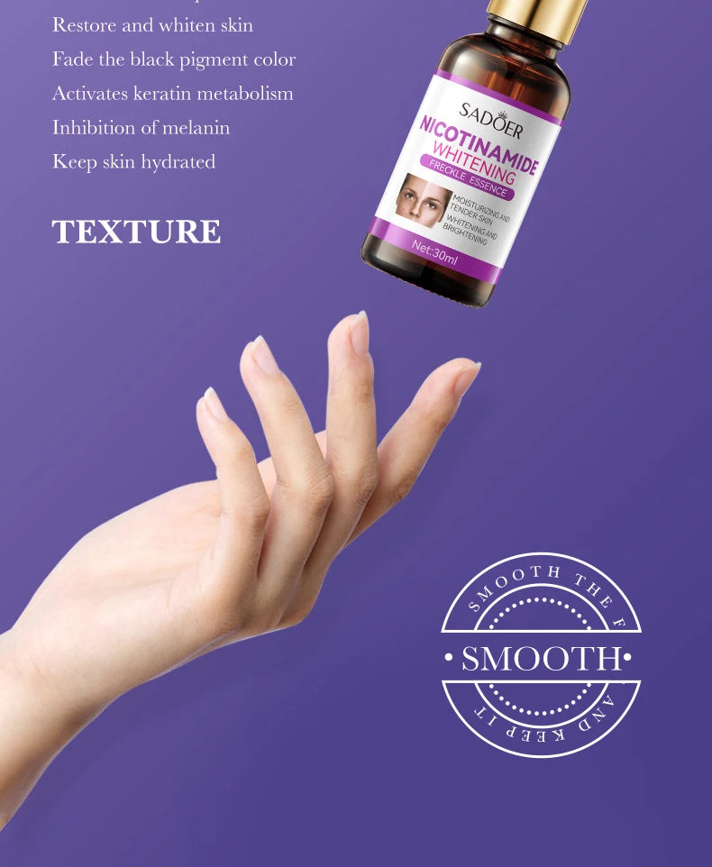 Skincare set for dark spot correction with nicotinamide essence, showing product bottles.