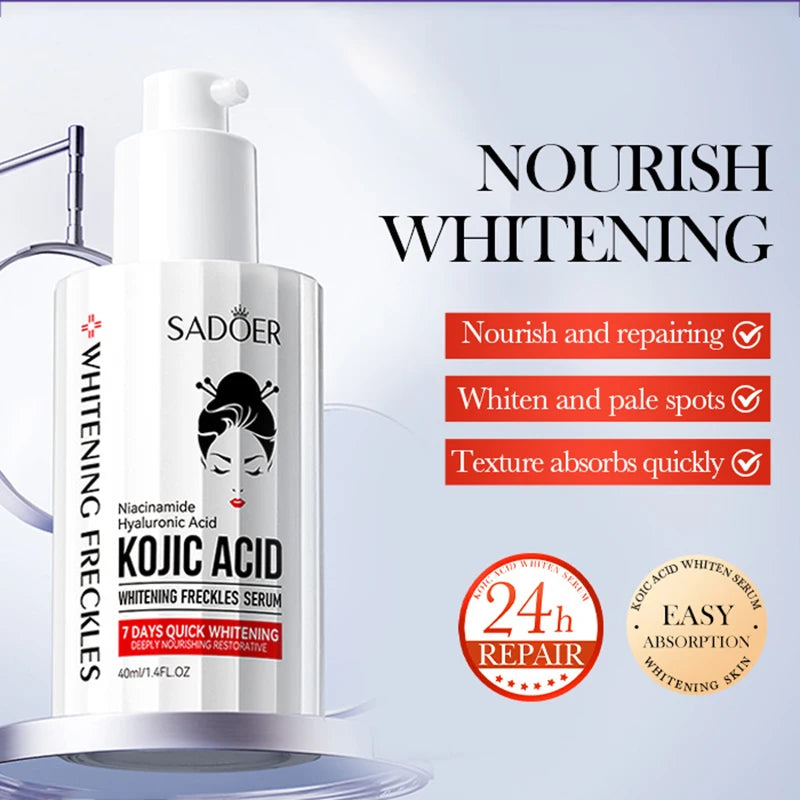 Kojic acid brightening serum bottle with dropper for freckle removal and skin radiance