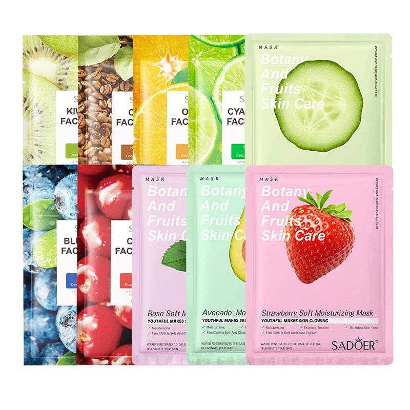 Sheet masks with aloe vera, seaweed, and green tea extracts for hydrating and brightening facial care.