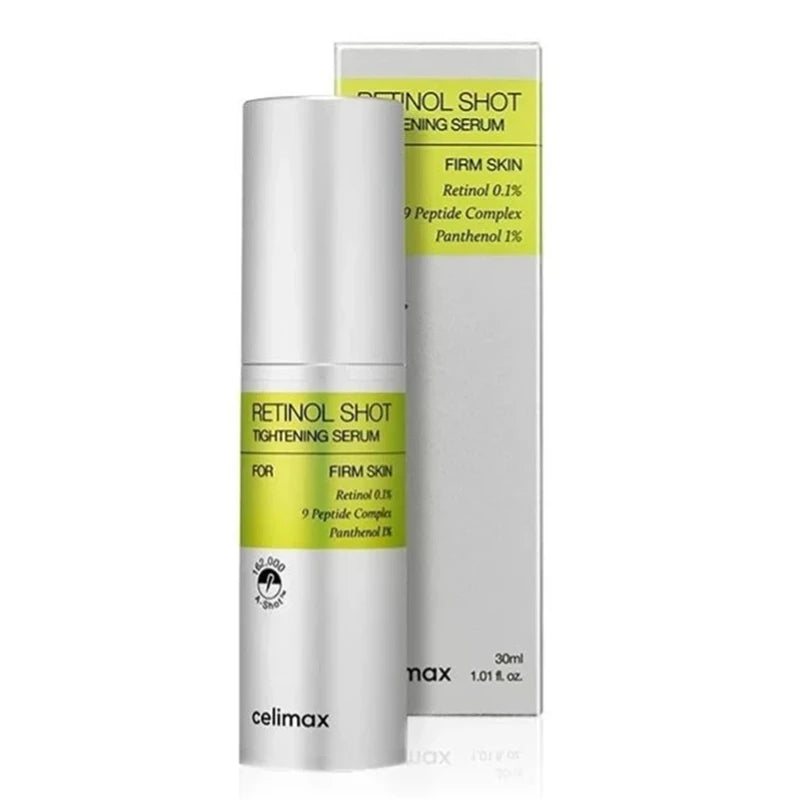 Celimax Vita A Retinal Shot Tightening Booster — Liposomized Retinal — Side angle view of pump bottle and packaging