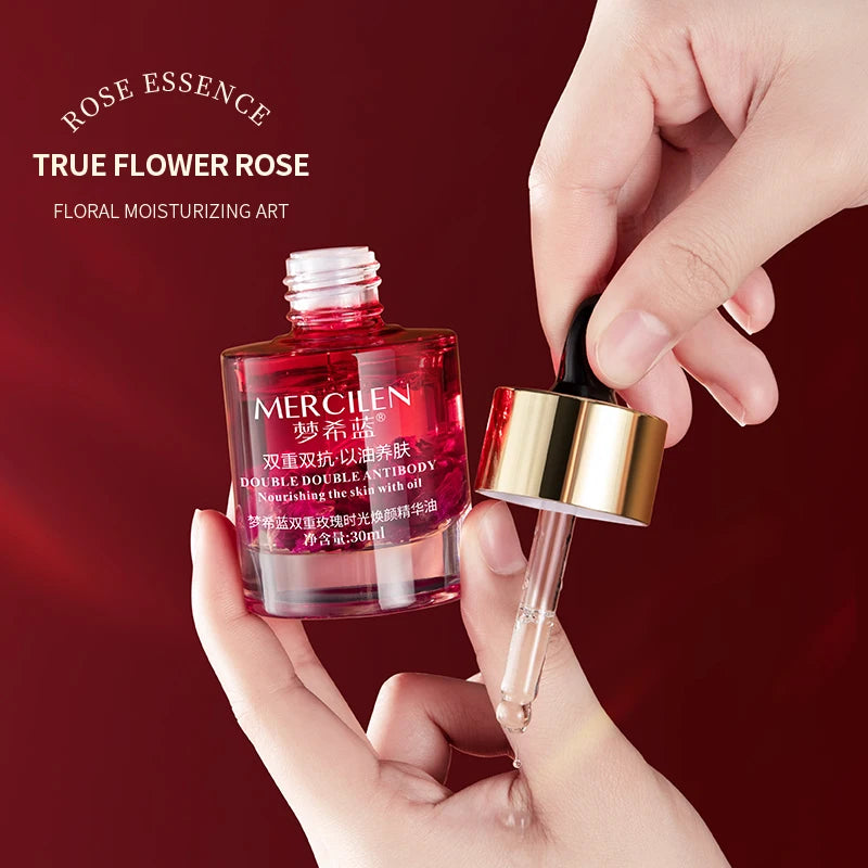 MERCILEN Double Rose Facial Essence Oil — Double Rose & Squalane — Oil texture and absorption on hand
