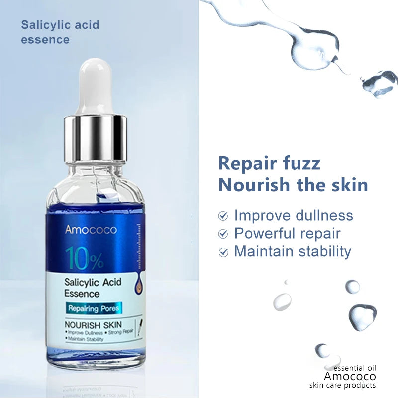 Two 30ml facial serum bottles containing salicylic acid, vitamin C, and hyaluronic acid for hydrating and brightening skin.