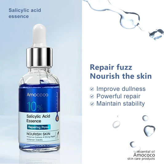 Two 30ml facial serum bottles containing salicylic acid, vitamin C, and hyaluronic acid for hydrating and brightening skin.