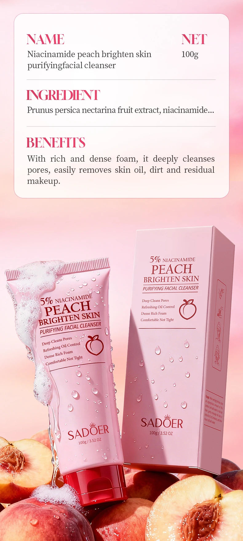 SADOER Niacinamide Honey Peach Facial Cleanser Moisturizing Whitening Deep Cleansing Anti-aigng Face Wash Foam Facial Cleanser