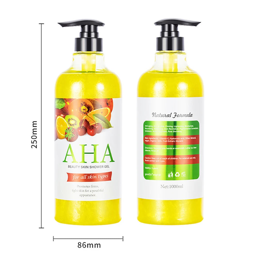 AHA Beauty Skin Shower Gel front and back bottle labels