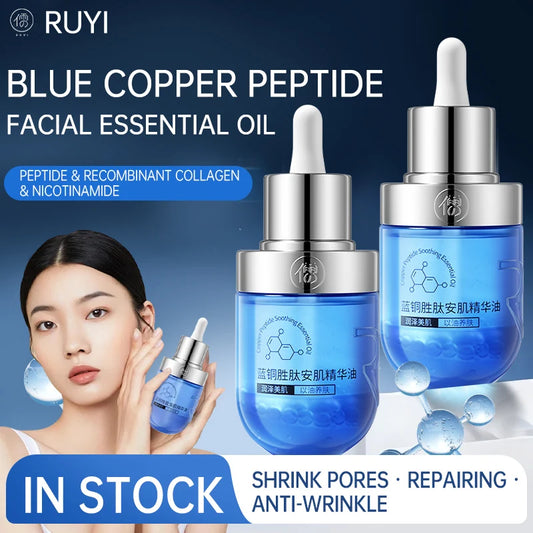 Blue copper peptide serum oil bottle with brightening skincare benefits