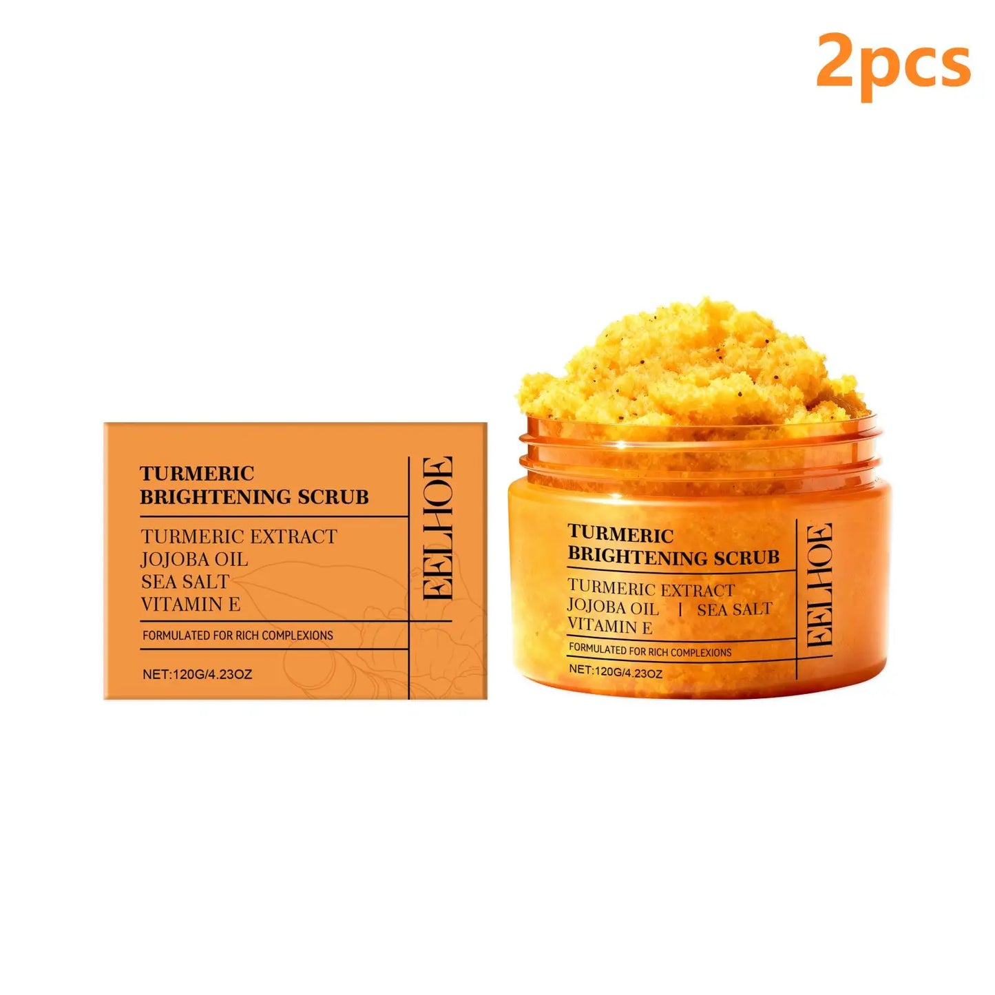 EELHOE Turmeric & Sea Salt Body Scrub — Turmeric & Jojoba Oil — Spa lifestyle flat lay with towel and botanicals