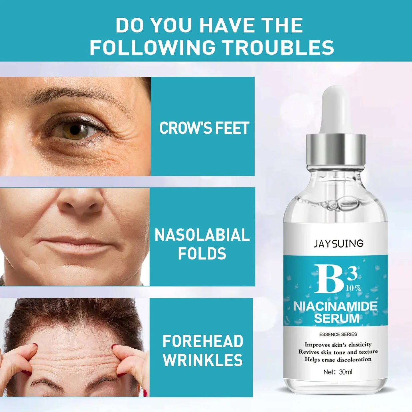 JAYSUING Nicotinamide Anti Wrinkle Serum — Nicotinamide & Collagen — Serum applied on facial skin lifting demo