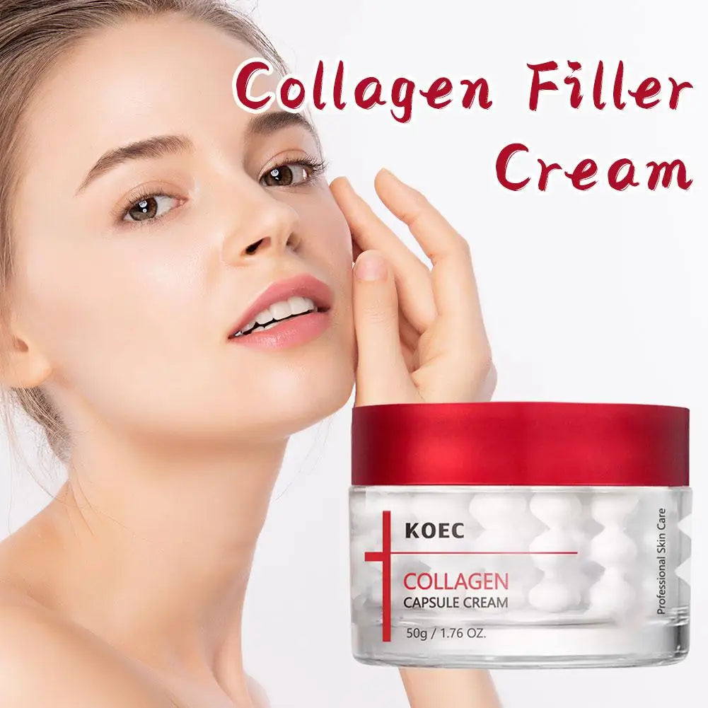 Open jar of collagen capsule firming face cream
