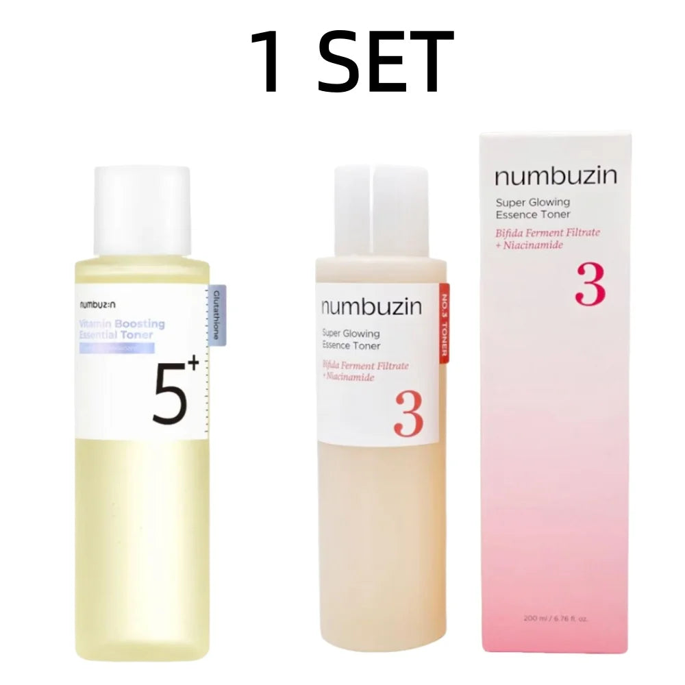 NUMBUZIN No.3+ & No.5+ Brightening Toner Bundle — Bifida Ferment & Niacinamide — Product benefits and glowing skin infographic