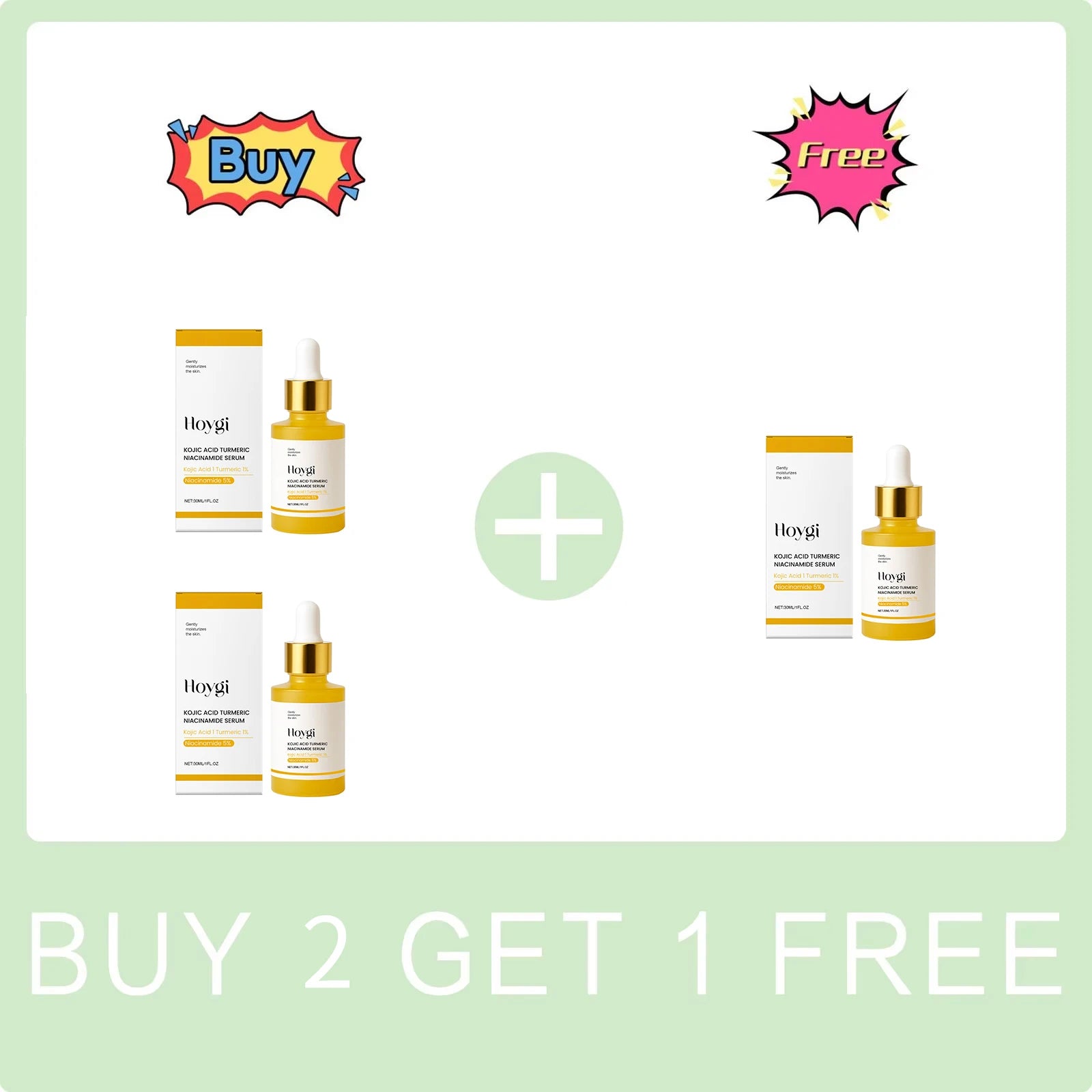 Hoygi Kojic Turmeric Brightening Facial Essence — Kojic Turmeric — Product benefits and tone-evening infographic