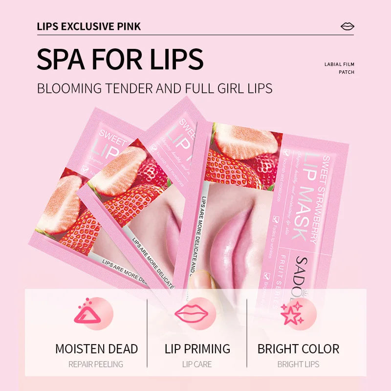 SADOER Fruit & Collagen Crystal Gel Lip Mask — Collagen & Fruit Extract — Product packaging box with benefits callout
