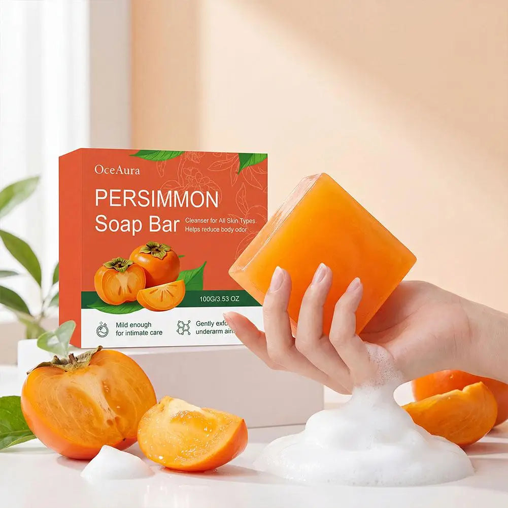 Bar of deodorant soap with persimmon and green tea for face and body