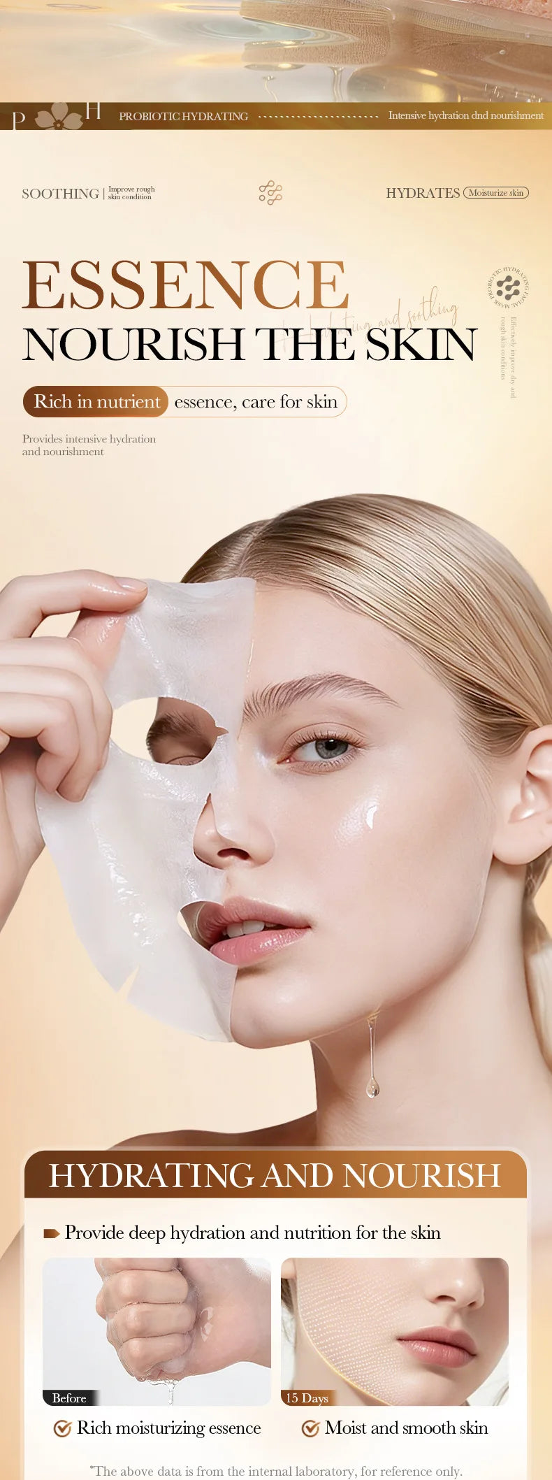 Facial sheet mask packet featuring probiotic, hyaluronic acid, and niacinamide