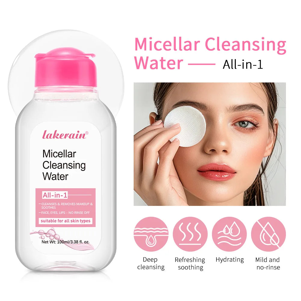 Bottle of micellar water for removing makeup and cleansing skin