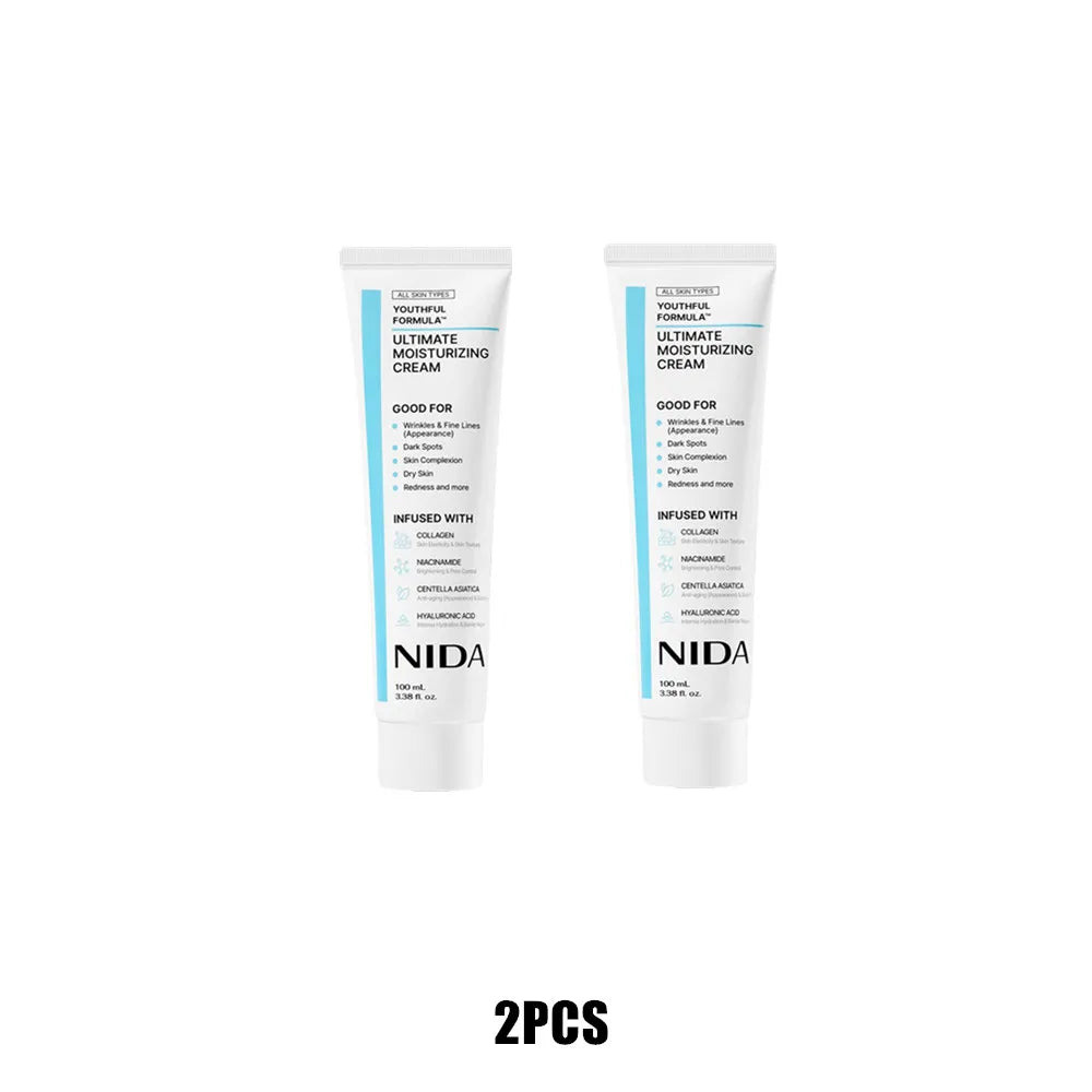 NIDA Youthful Formula Ultimate Moisturizing Cream — Moisturizing Complex — Product benefits and redness relief infographic