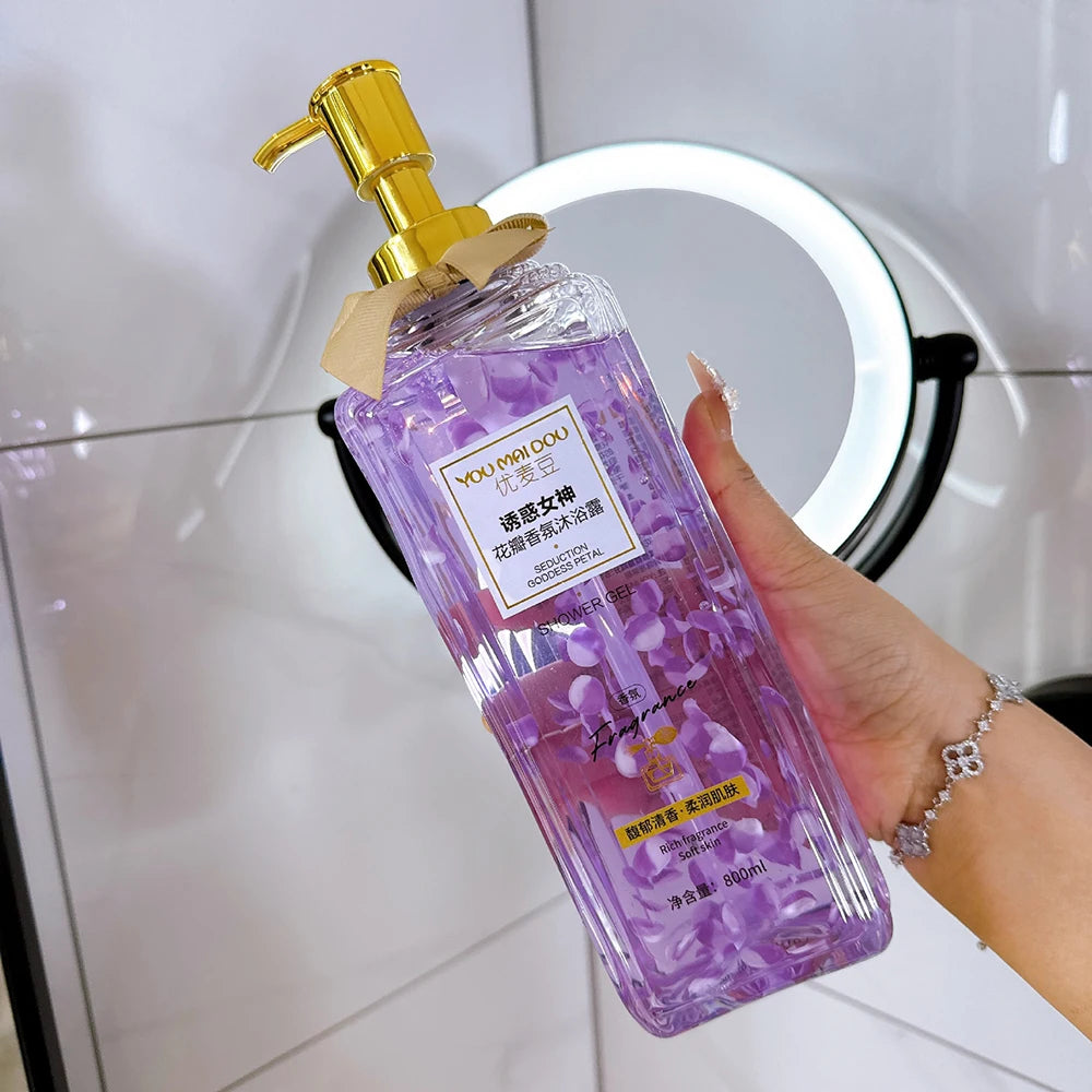 Mango peach bubble shower gel bottle with peach and mango fruit