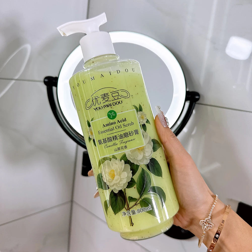 Mango peach bubble shower gel bottle surrounded by soft foam