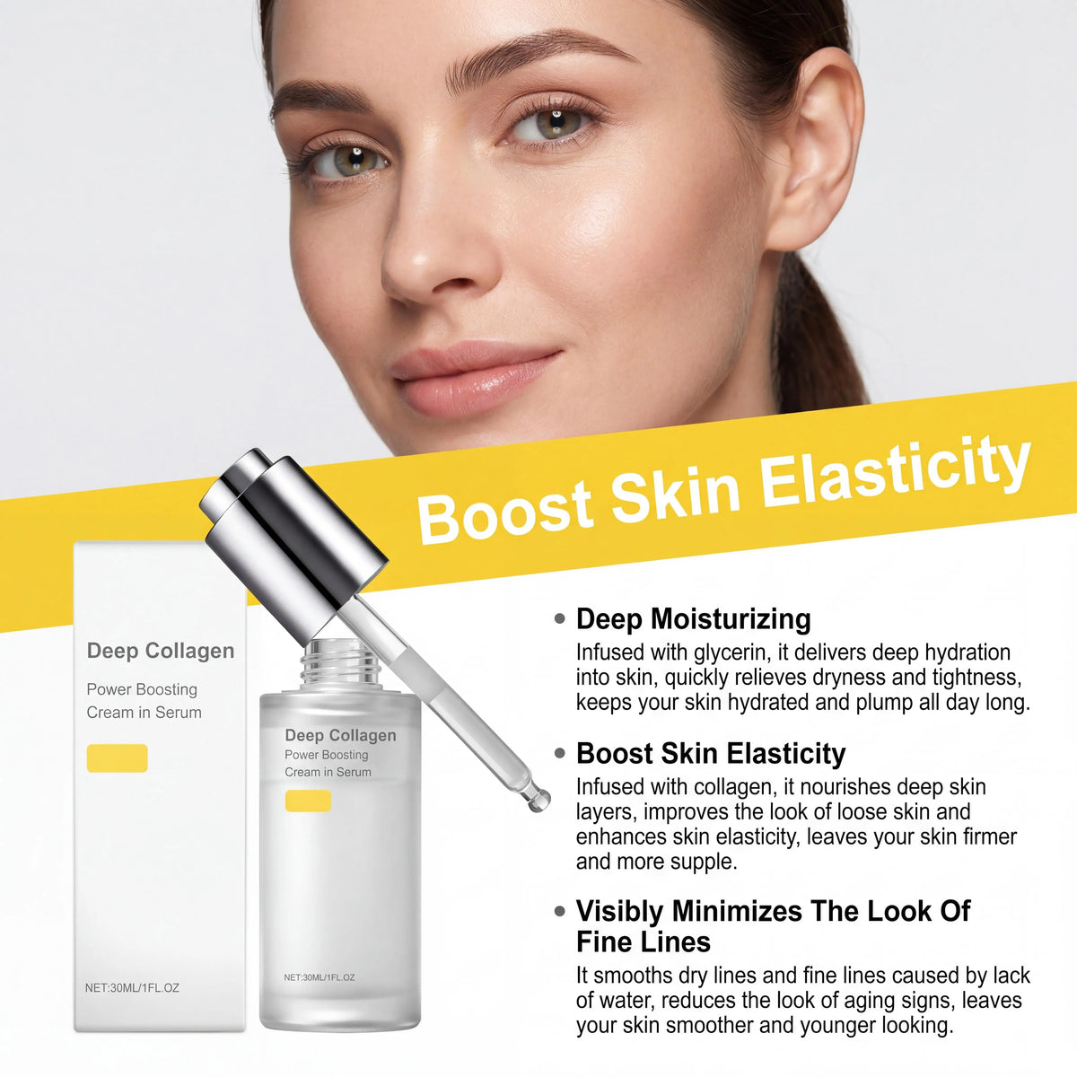 Face firming serum bottle with collagen silk peptide formula