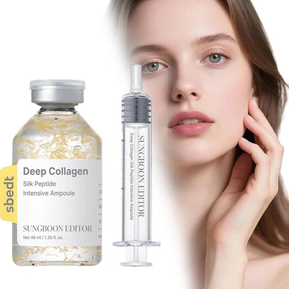 Pink glass ampoule bottle with dropper containing hydrating collagen peptide serum.