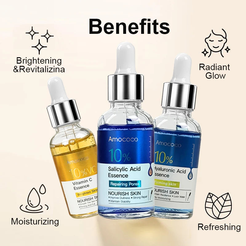 Two 30ml facial serum bottles with salicylic acid, vitamin C, and hyaluronic acid for hydration and brightening.