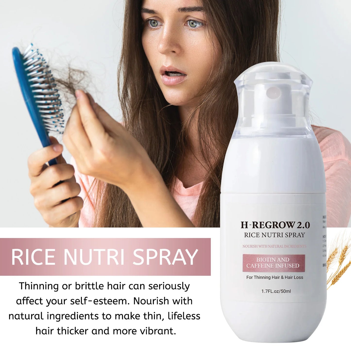 Bottle of fermented rice water hair growth spray with biotin and caffeine for scalp treatment and hair fall control.