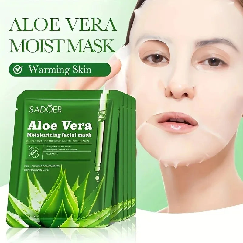 Aloe vera and glycerin sheet mask for moisturising, shown in packaging with green botanical design.