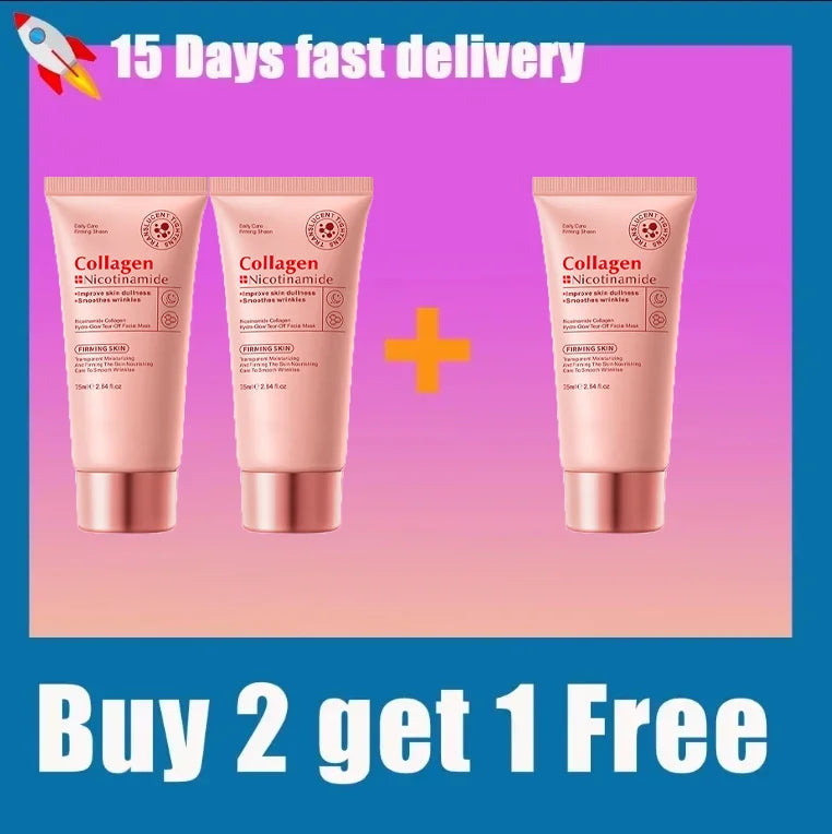 Collagen and nicotinamide peel-off mask for anti-wrinkle, lifting, firming, hydrating and brightening facial skin care.