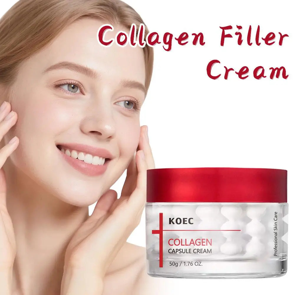 Open jar of collagen capsule firming face cream