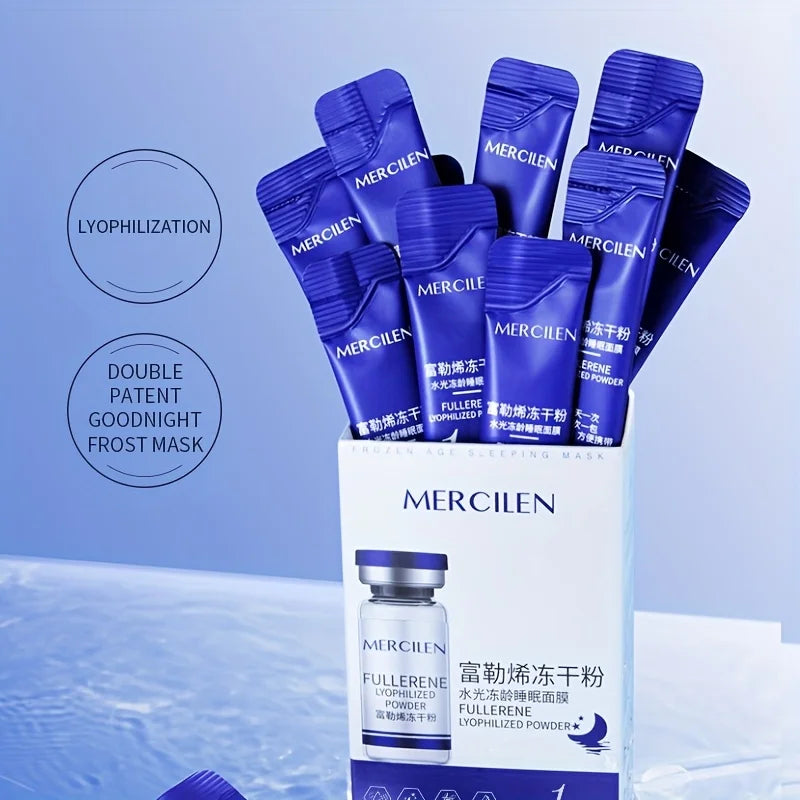 MERCILEN Fullerene Sleeping Facial Mask — Fullerene & Lyophilized Powder — Gold box with individual sachets on white background