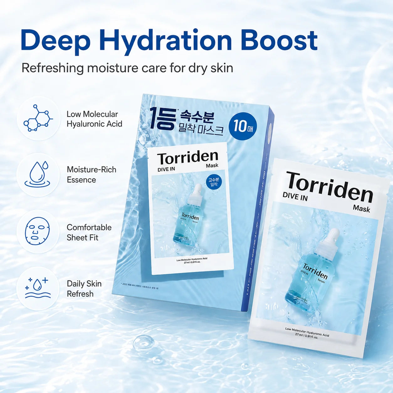 Facial sheet mask pack with 10 low molecular hyaluronic acid masks for deep hydration and glass skin