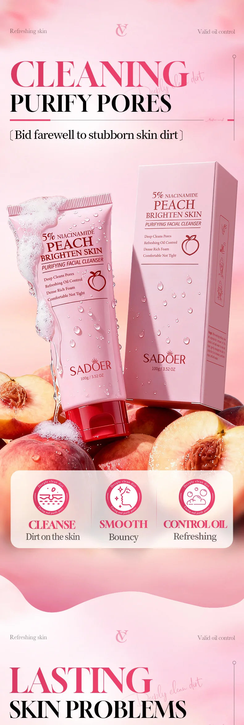 SADOER Niacinamide Honey Peach Facial Cleanser Moisturizing Whitening Deep Cleansing Anti-aigng Face Wash Foam Facial Cleanser