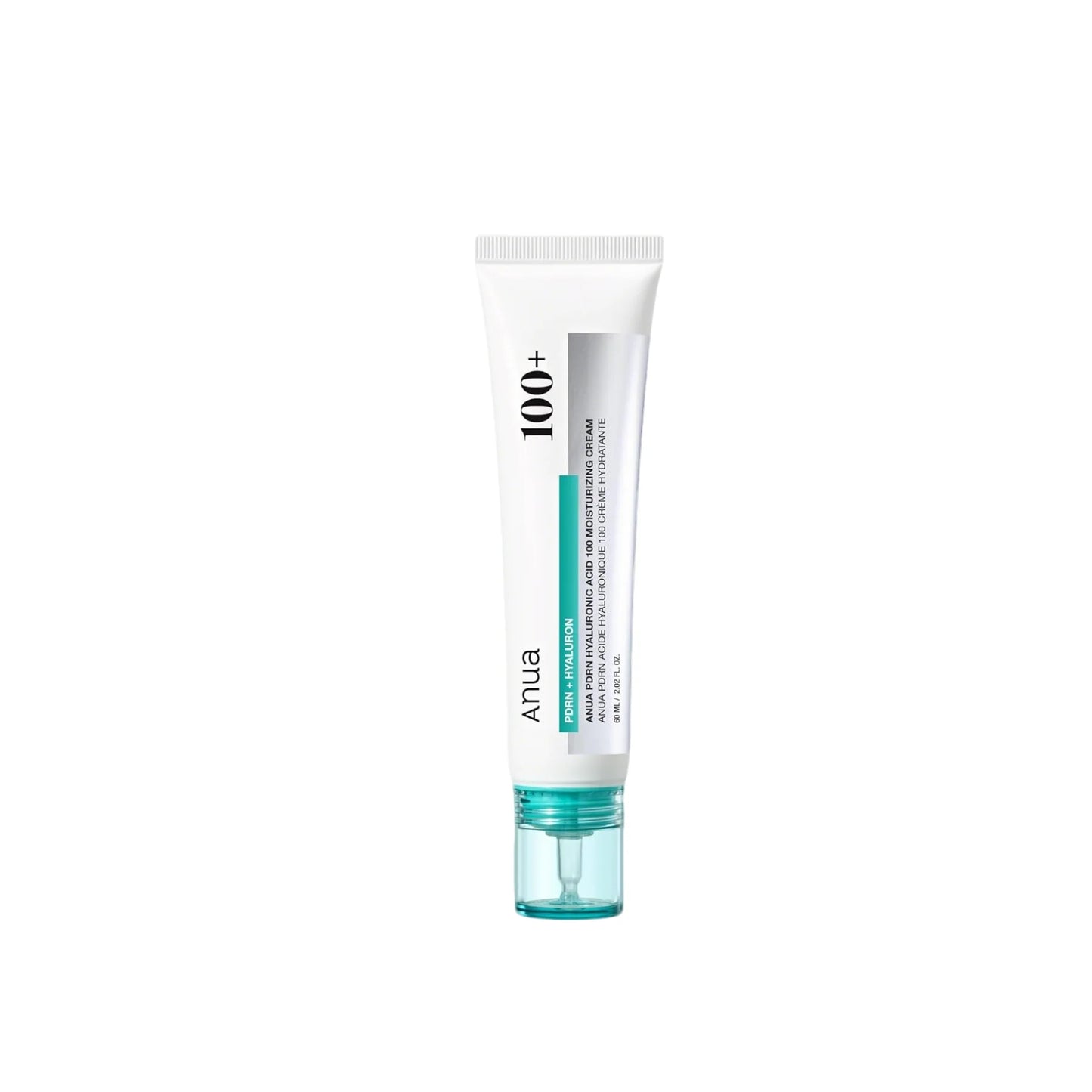 Anua PDRN Hyaluronic Acid 100 Cream — PDRN & Hyaluronic Acid — White and blue cream jar on white background