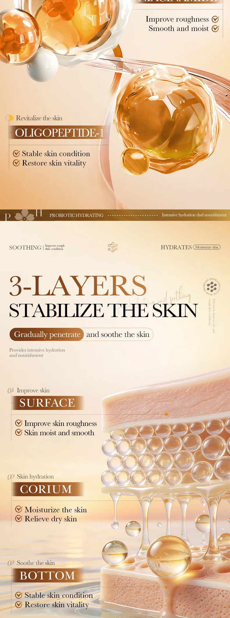 Facial sheet mask packet featuring probiotic, hyaluronic acid, and niacinamide