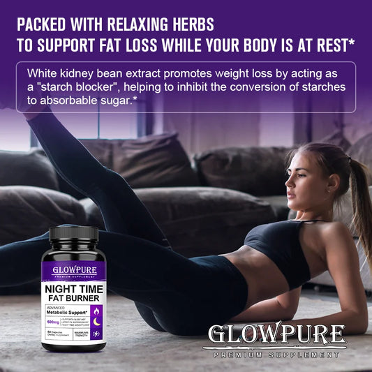 SkinSwaag Beauty GLOW PURE Night Time Fat Burning & Cellulite Weight Loss Pills — metabolism support — supplement facts label on white background